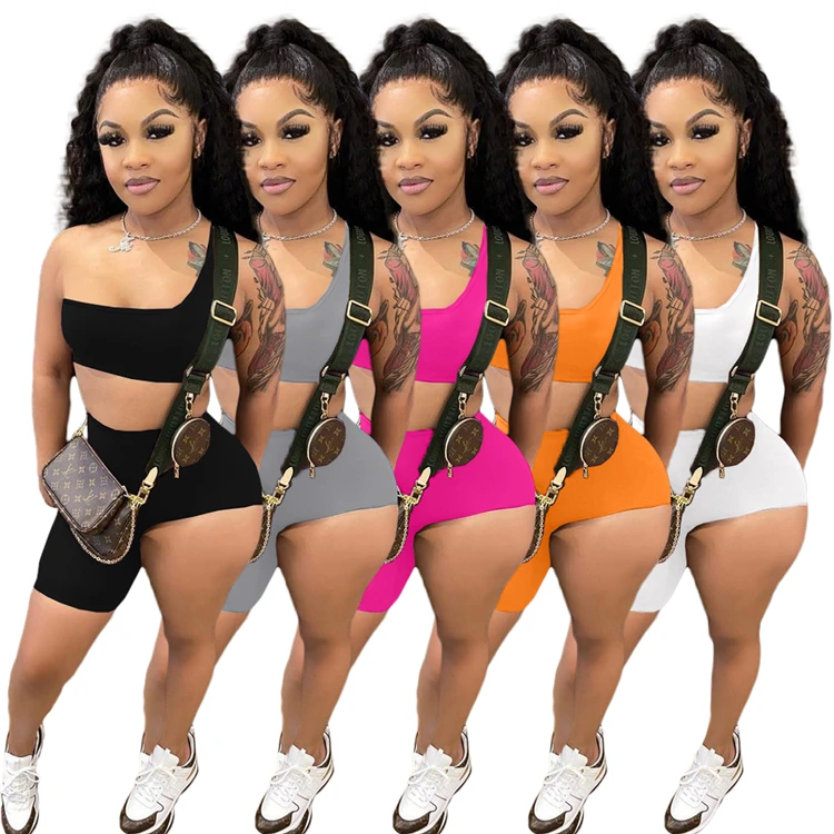 

2021 Sexy Ladies Outfits Skinny 2 PCS Tank Top Irregular Shorts Summer Women Two Piece Set, Picture shown