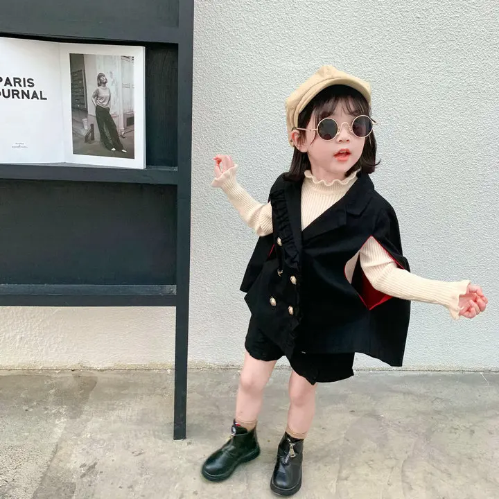 

autumn new black little fragrant wind cloak and shorts British kids girls clothes suit