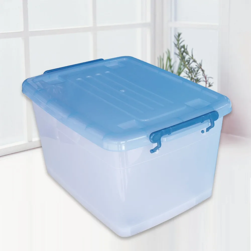 

Factory Direct Price Bins Good Quality Storage Box Plastic container with wheels, Clear + blue lids