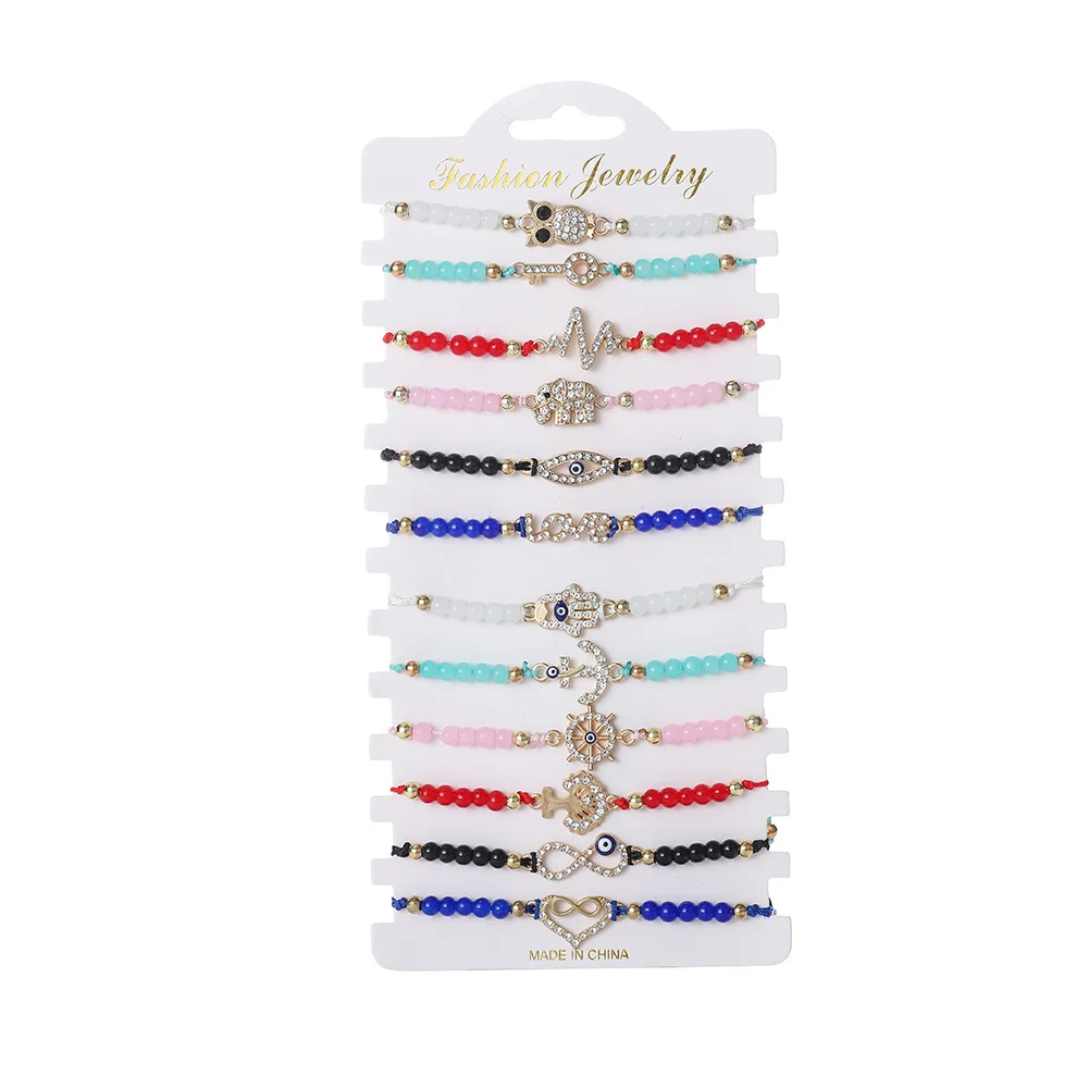 

12pcs Evil Eye Bracelets Owl Heart Key Love Life Tree Charms Handmade Braided Glass Bead Bracelets for Women