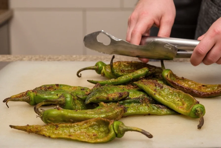 Hand peeling roasted poblano peppers with tongs over kitchen counter