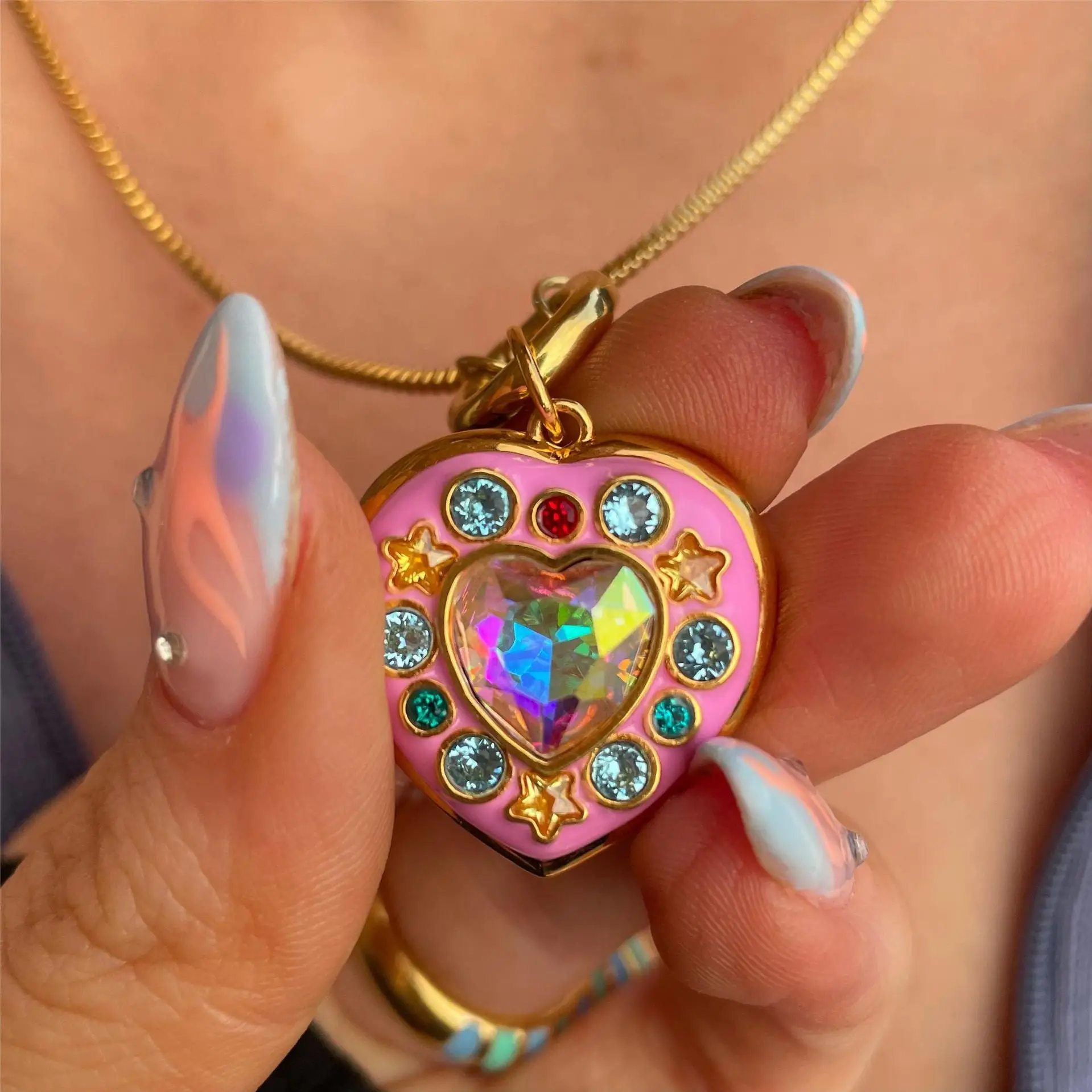 

Hot Sales Love Full Diamond Openable Photo Frame Necklaces Y2K Jewelry Girls Spring Summer Pink Cute Necklace 2023