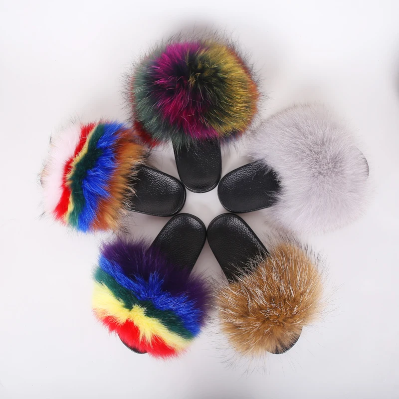 

Indoor Women's Flat Winter Slippers Home Fluffy Fur Women's Fashion Fur Slippers Raccoon Cute Animal Shape Slippers, Mix color