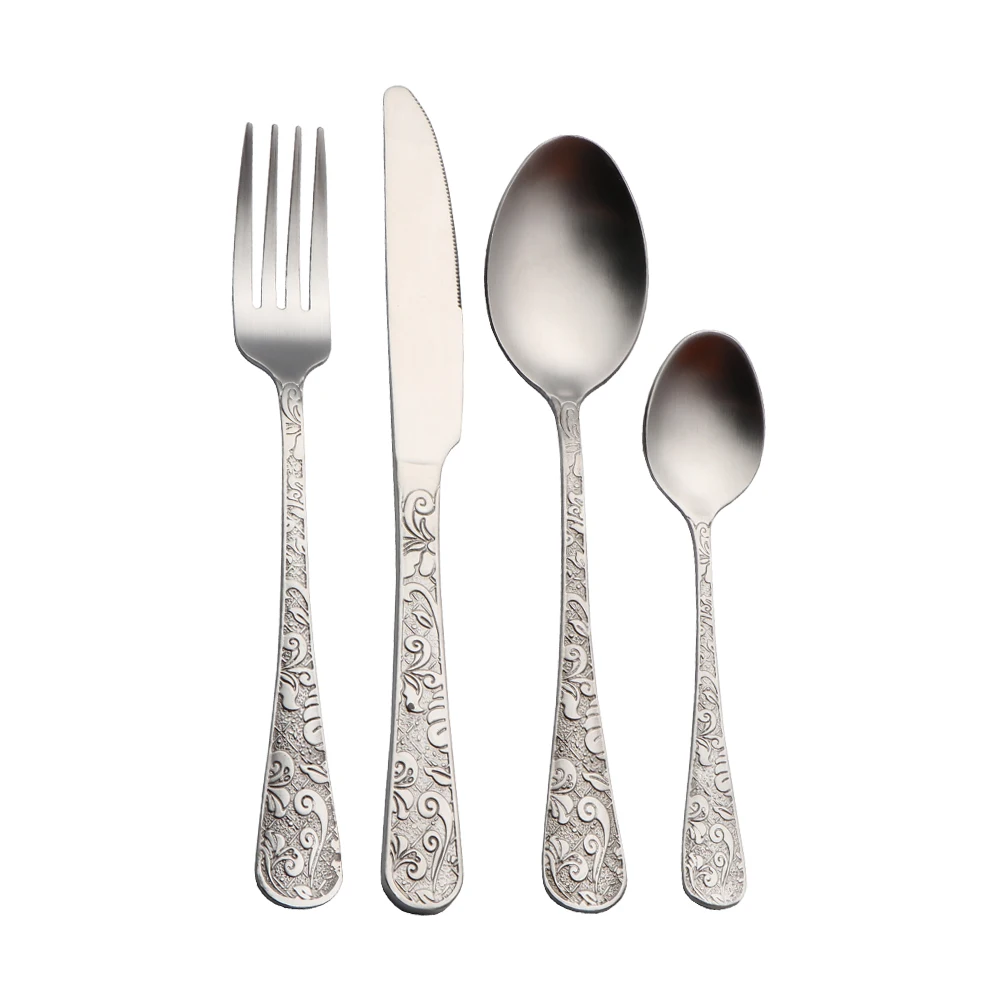 

Vintage palace carved classic relief stainless steel western tableware 4 pieces set knife fork and spoon cutlery set