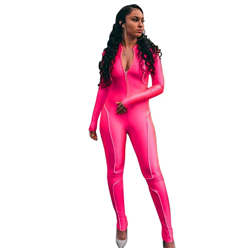 

Autumn Women skinny jumpsuit reflective striped patchwork fitness bodysuit new female casual work out playsuit rompers