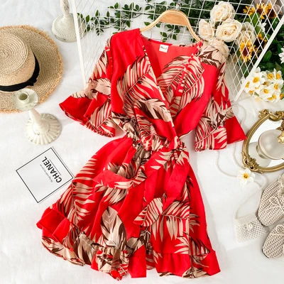 

Women Sexy V Neck Floral Printed Flare Sleeve Romper Jumpsuits