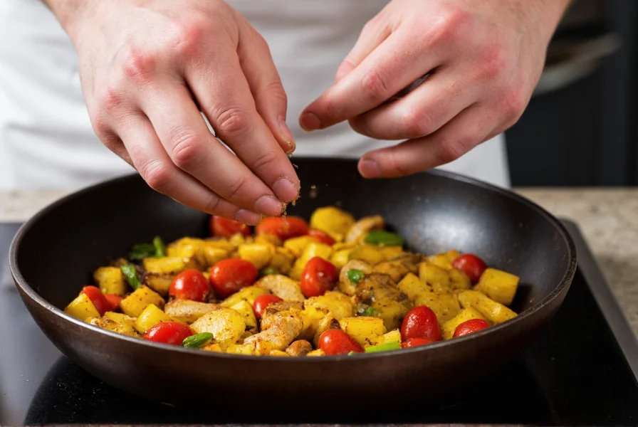 Chef's hands adding cayenne pepper to a skillet of vegetables demonstrating proper culinary technique