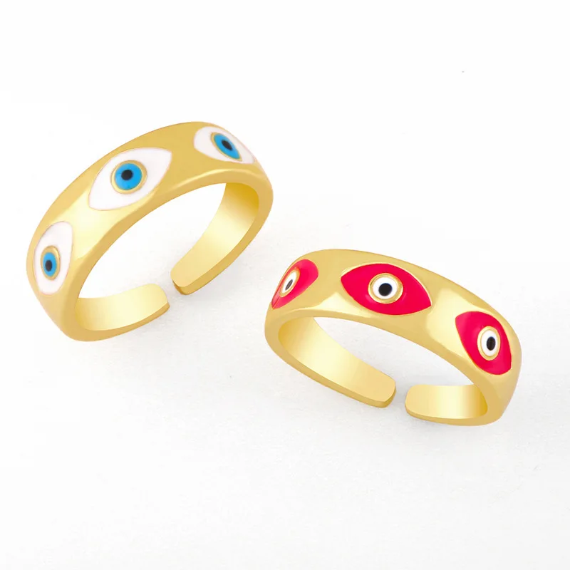

2022 Europe New Design Fashion Adjustable 18k Gold Plated Rings Colorful Eye Pattern Brass Rings For Woman And Girls