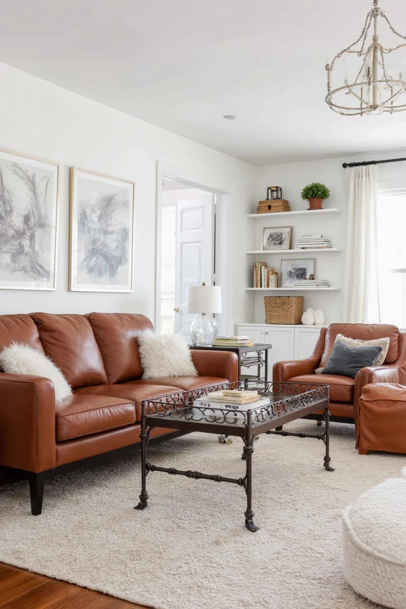 Modern living room with leather sectional