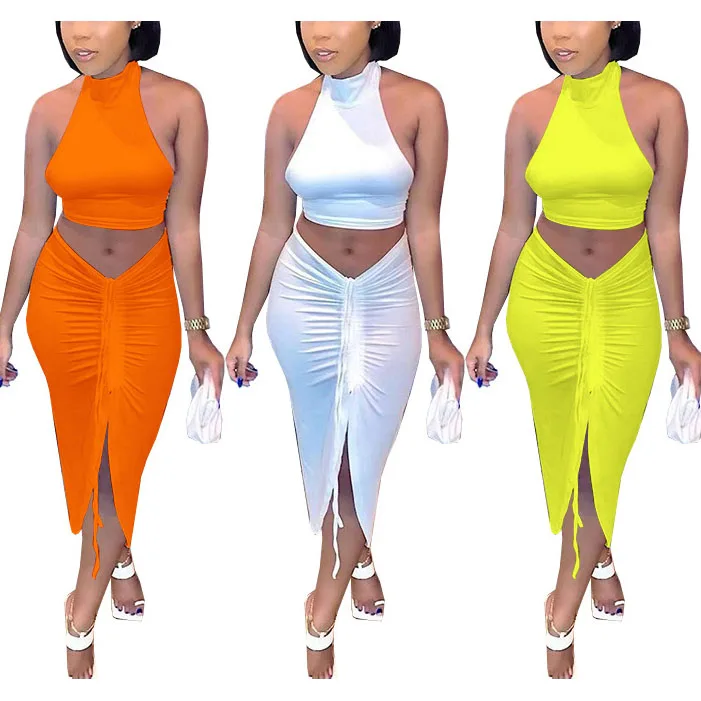 

FS2554D Sexy solid Halter Tops and skirts Two Piece Set Drawstring dress Women Clothing