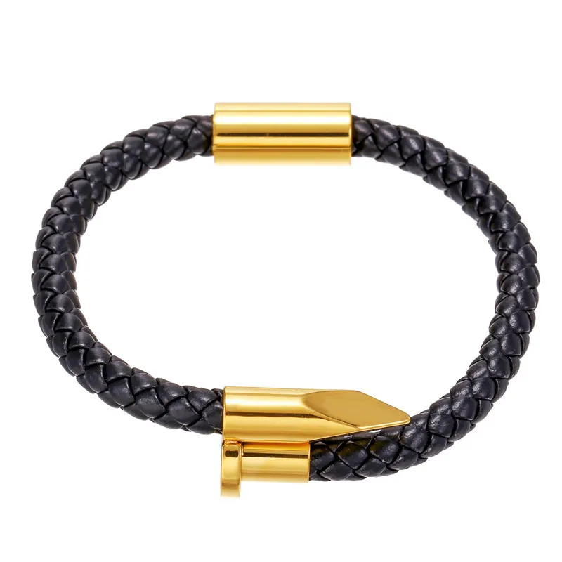 

Hot Selling Handmade Gold Plated Men Bracelet Stainless Steel Charm Genuine Braided Leather Cord Bracelet Men's Woven Bracelet, Glod/silver/black