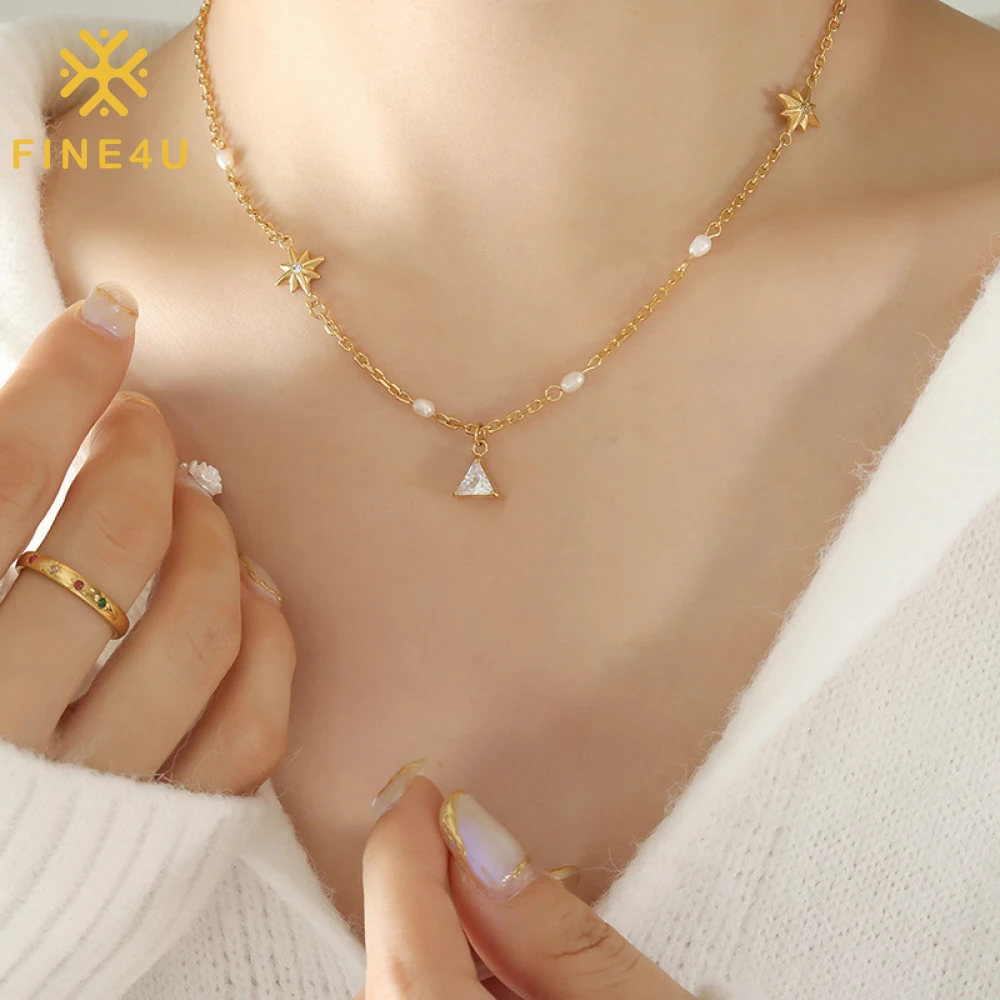 

2023 Delicate Trendy Jewelry Women Stainless Steel Gold Triangle Zircon Fresh Water Pearl Star Pendant Necklace