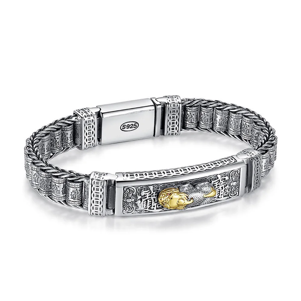

Real 925 Sterling Silver Lucky Pixiu Bracelet Men's Vintage Punk Handwoven Rotatable Prayer Wheel Transfer Wish Jewelry