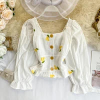 

Korean fashion women square neck embroidered elastic puff sleeve blouse tops