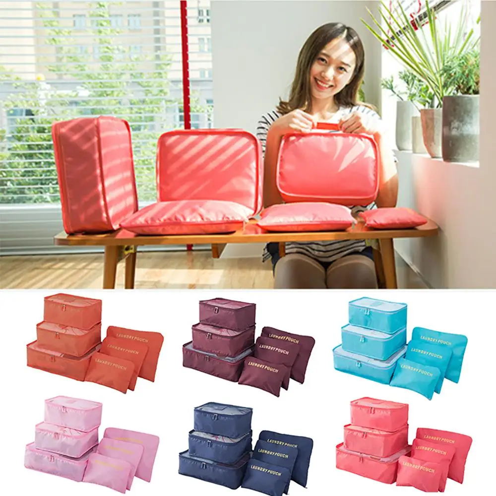

6pcs Travel Storage Bag Luggage Clothing Finishing Storage Bag, Gray, light blue, light red, wine red, watermelon red, navy, orange