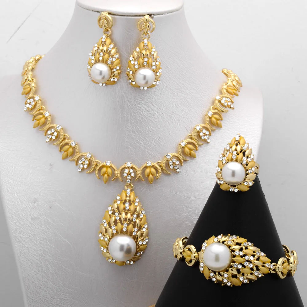

4 Piece Womens Full 14K Gold Plated Pictures Necklace And Earrings Jewelry Set Luxury Jewelry Set In Dubai Gold
