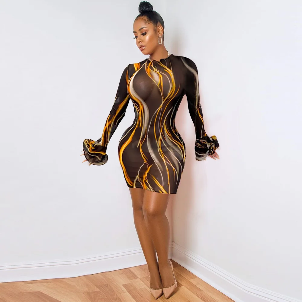 

Hot Sale Wholesale Women's Stylish Sexy Perspective Printed Mesh Dress Tight Long Sleeve Maxi Dresses