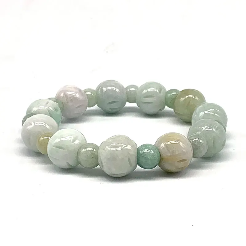 

2021 Hot Sell Natural Jade Green Jadeite Beads Woman Bangle Elastic Rotatable Fengshui Lucky Beads