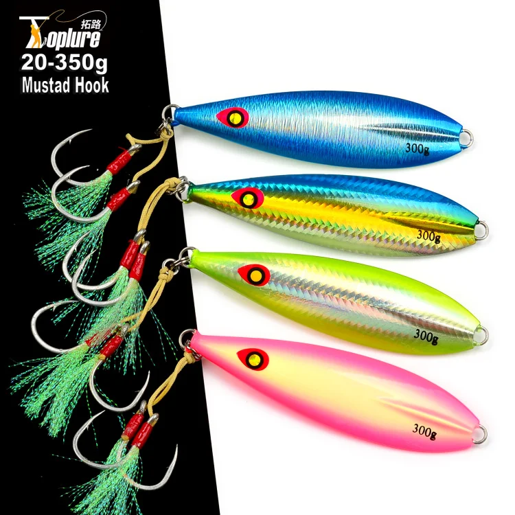 

TOPLURE 20g-350g Sinking Slow Pitch Metal Jig Lure with Mustad Hooks or Treble Hook Long Casting Jig Deep Sea Boat Fishing, 7 colors available
