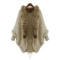 

European Style Fur Collar Bat Sleeve Knitted Cardigan Shawl Coat Winter Sweater