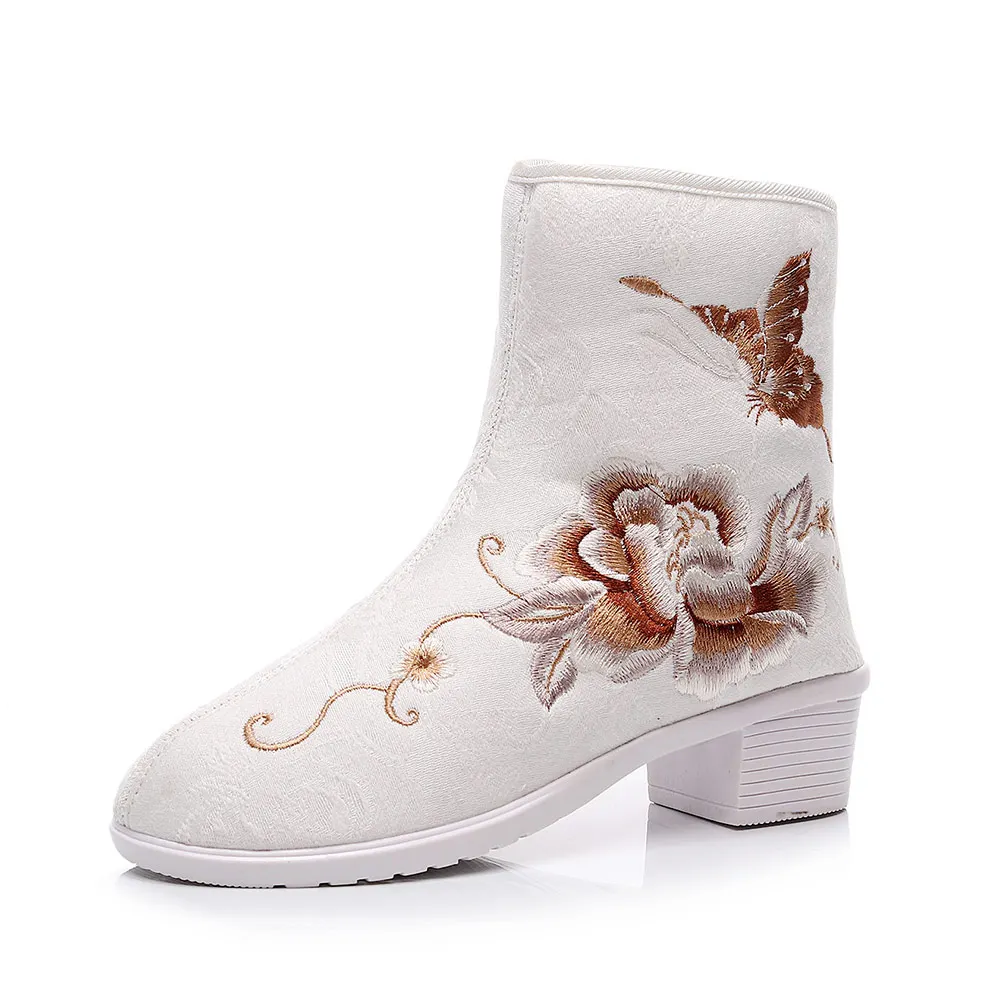 

Veowalk Fleece-Lined Winter Women Warm Short Boots 4cm Block Heels Booties with Zippers Chinese Flower Embroidered Shoes