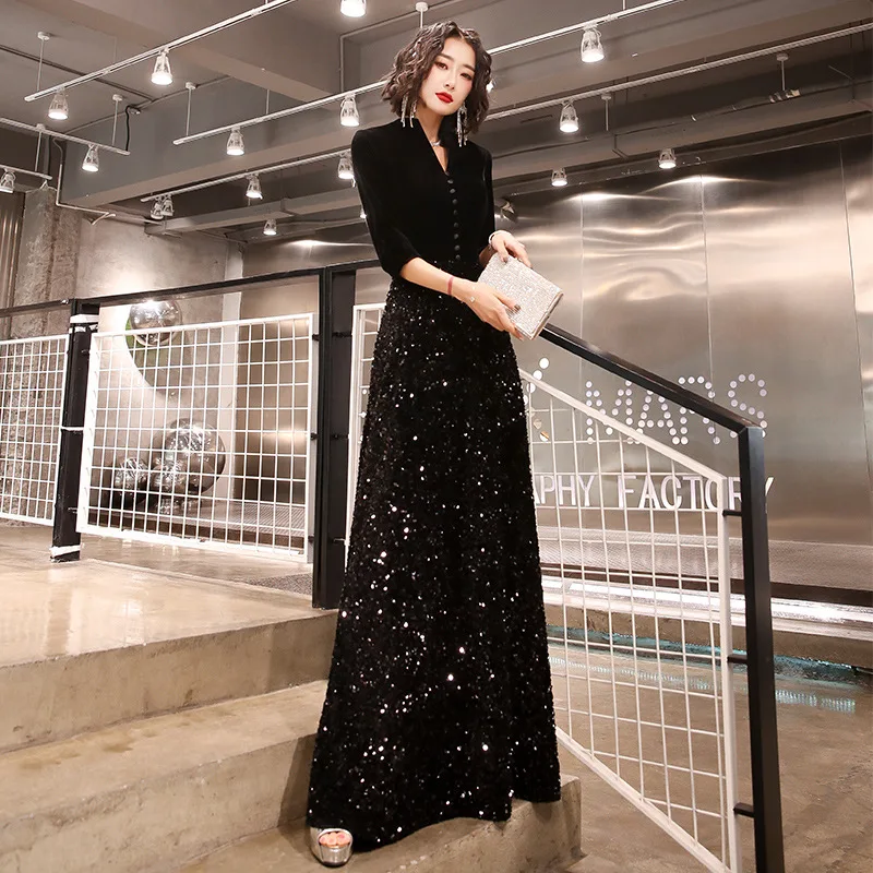 Black Prom Gown V- Neck Solid Patchwork Sequin Three Quarter Sleeve Wedding Evening Dresses