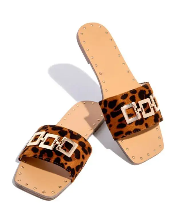 

Womens sandals leopard print Artificial Leather High Quality Vacation Comfortable Ladies flat slippers for women, Black, leopard print, color