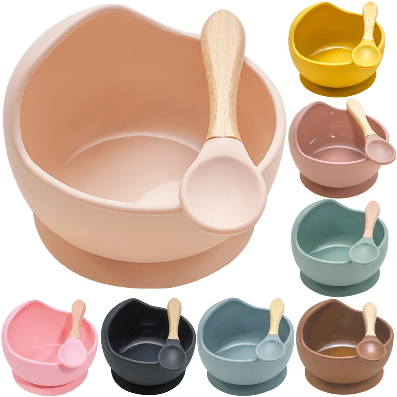 

Hot Sale Multicolor Food Grade Silicone Feeding Kit Match Spill-Proof Silicone Suction Cup Bowl With Spoon dropshipping, Customized color