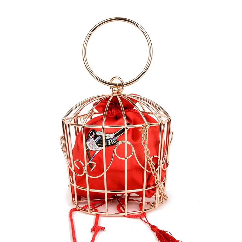 

Ladies Fashion Personalized New Birdcage Birdhouse Metal Hollow Out Purses Clutch Bag Evening Bags, Red,golden,black