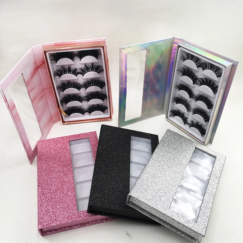 

Empty 5pairs Magnetic Lashes Book Holographic Pink Marble Custom Lashes Packaging with White Tray, Natural black