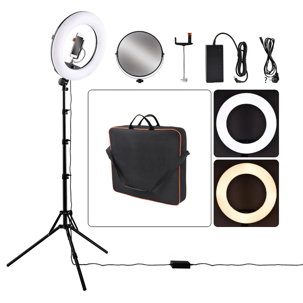 

FOSOTO FD-480II Dimmable Bi-color 18 inch Camera Photo Video Photography LED RingLight Lamp& LCD Screen/bag Tripod Stand /Mirror, Black white pink