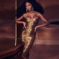 

2019 New Stretch Ruched Gold Dress Women Ruffle Long Bodycon Party Dress