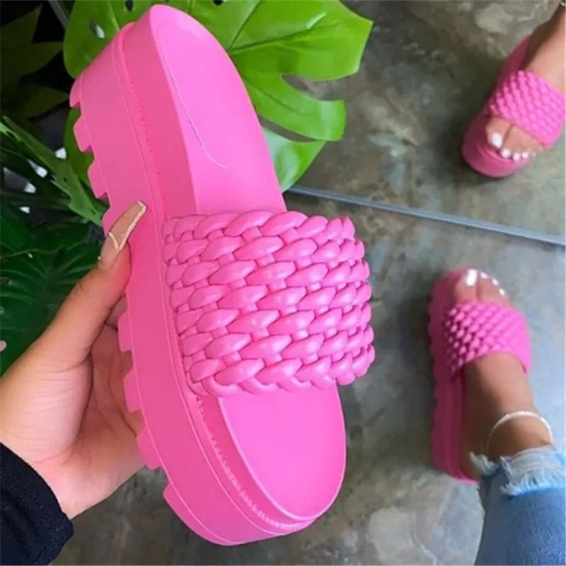 

MD-20030324 2021 New Arrivals Woven Pattern Pu Platform Flat Slide Sandal Summer Shoes Sandals For Women And Ladies