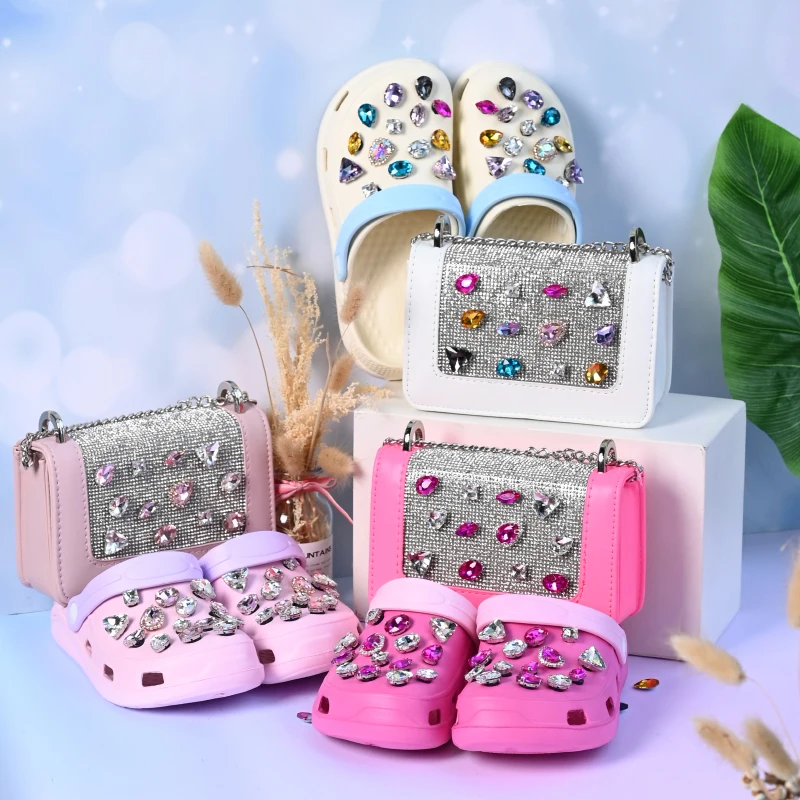 

Hot Sale Handbags For Women Luxury Custom Cartoon Pattern Chain Shoulder Bags Fashion Diamond Purses And Cros Shoes Set, 4 colors