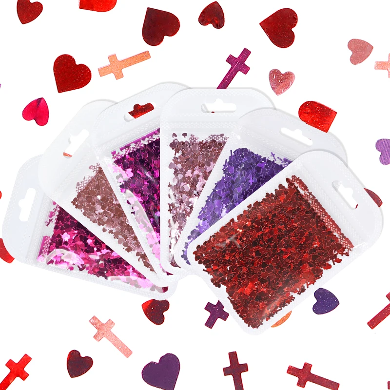 

Holographic Valentines Nail Art Decorations Rose Gold Red Love Heart Cross Nail Charm Gel Polish Manicure Accessories, Picture