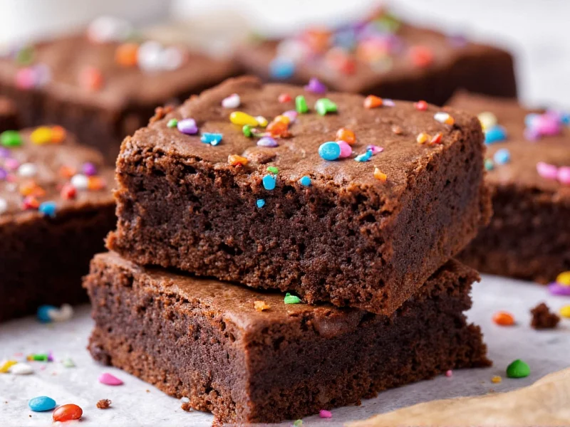 Sliced homemade cosmic brownies showing fudgy interior and colorful toppings