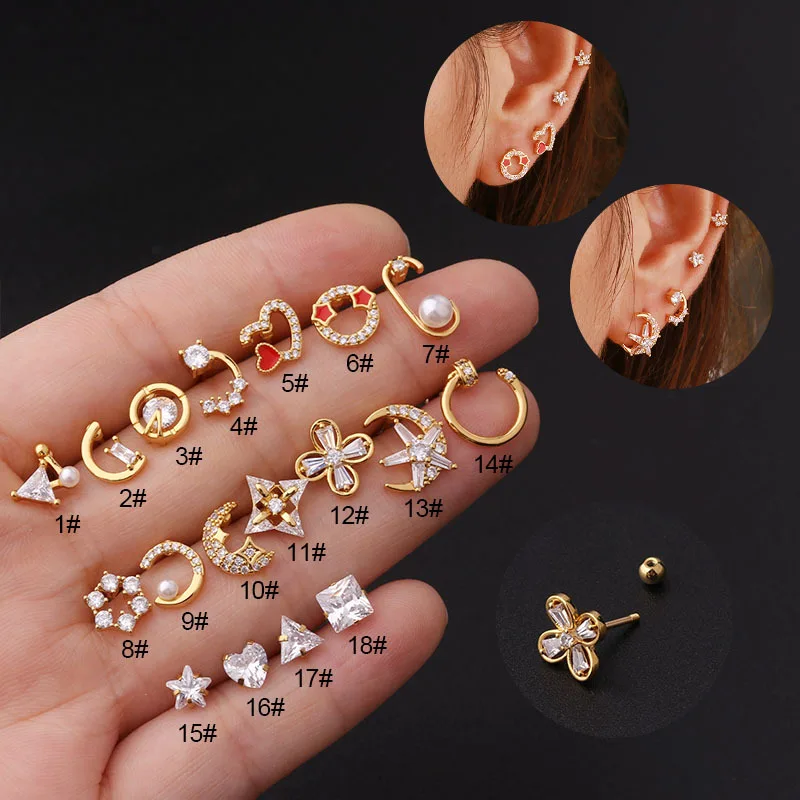 Fashion Stainless Steel Piercing Earrings Zircon Pearl Heart Triangle Moon Star Stud Earrings for Women