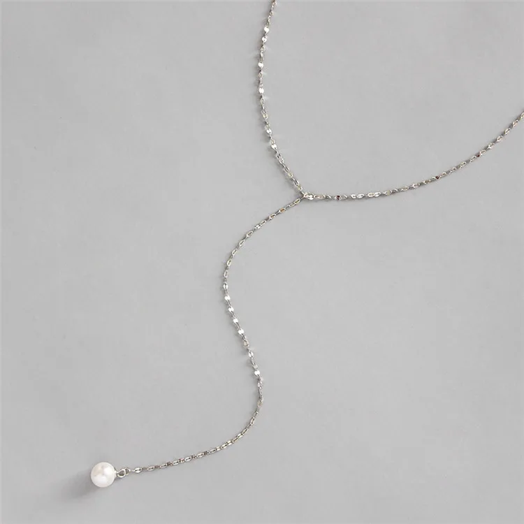 

925 Sterling Silver White Gold Dipped Y Necklace White Pearl Pendant Long Y Necklace, As picture