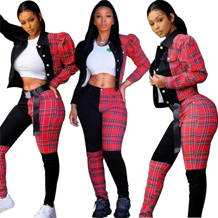 

Fashion Lady Patchwork Outfits Plaid Button Jacket And Tight Pants Autumn Women Two Piece Set, Picture