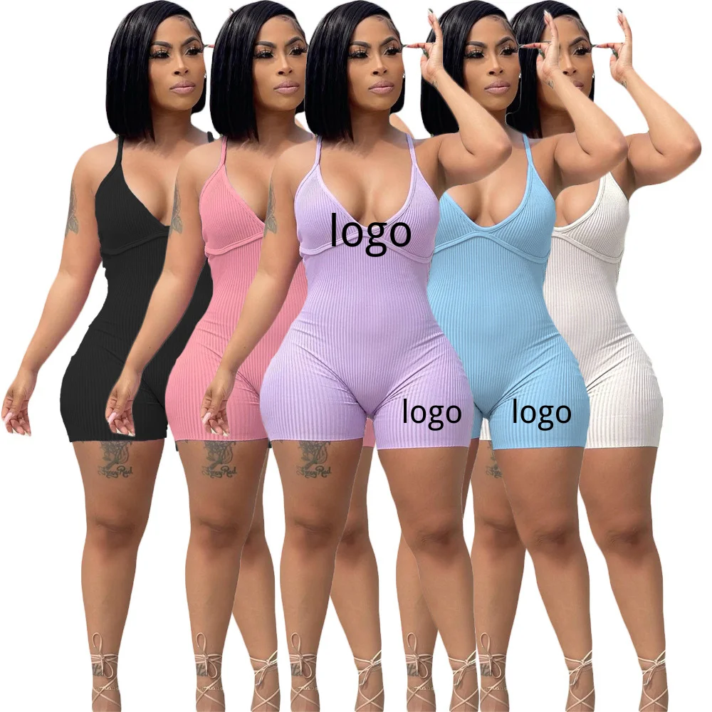 

Cami Jumpsuit Casual Sexy V Neck Sleeveless Women Playsuit Cross Backless Solid Color Ribbed Bodycon Lady Jumpsuit, Picture shows
