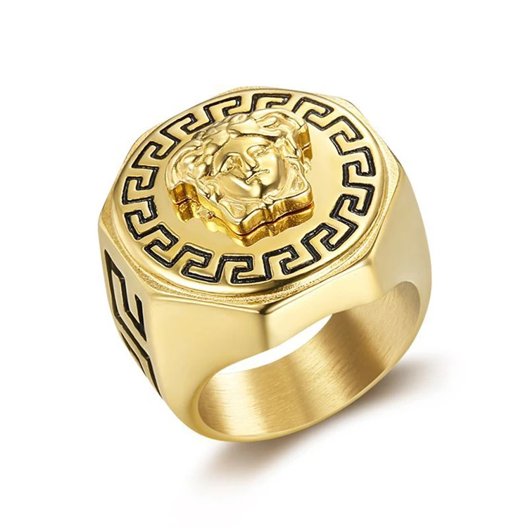 

Vintage Greek Medusa Gold Plated Men Ring Hip Hop Jewelry Titanium Stainless Steel Rings