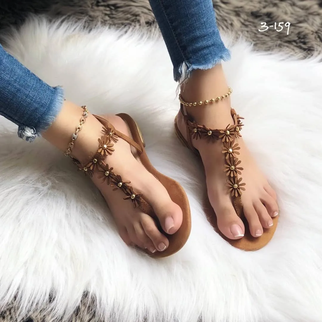 

Women's sandals new products in summer 2021 flat bottomed and toe clip flower decoration casual sandals drop shipping, Yellow, black, pink, khaki