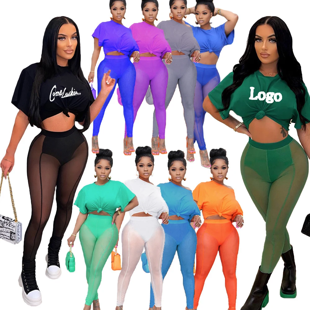 

Fashion Design Women Crop Top Two Piece Set Mesh Patchwork 2 Piece legging Set Casual T Shirt Pants Sets See Through Women