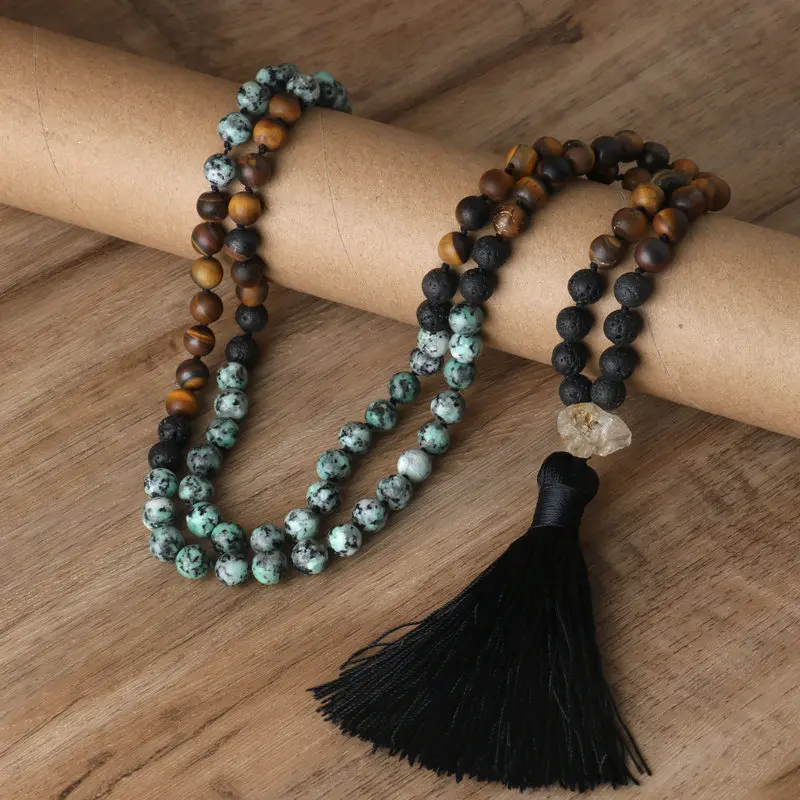 

Dainty 108 Beaded Japamala Necklace for Women Men Handmade Tassel Pendant Knotted Natural Tiger Eyer Beaded Necklace