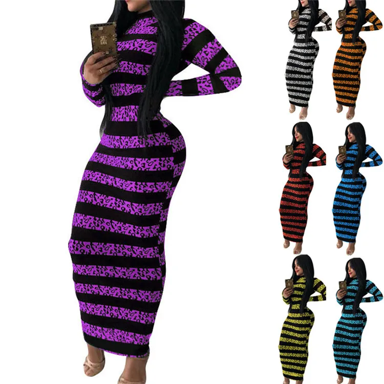 

Striped printed polyester spandex turtle neck long sleeve sexy bodycon 2021 maxi sustainable casual dresses women ladies