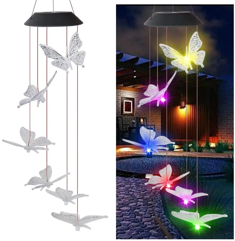 

Amazon bestseller led light home patio hanging decor lamp LED solar butterfly wind chimes solar outside lightes