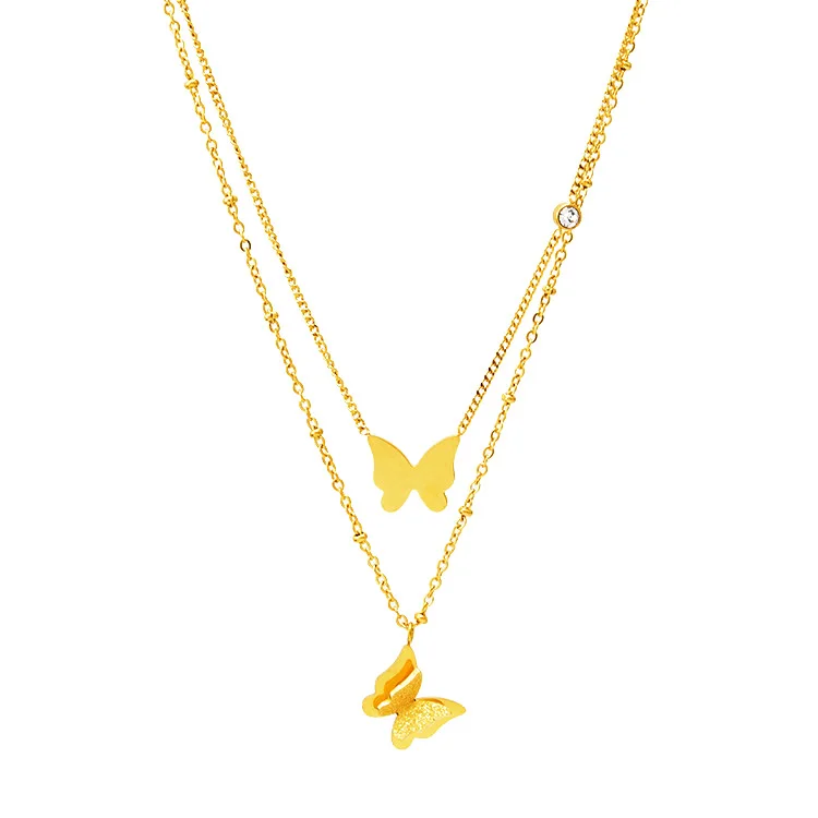 

PUSHI fashion double butterfly pendant gold butterfly necklace stainless steel beads necklace jewelry