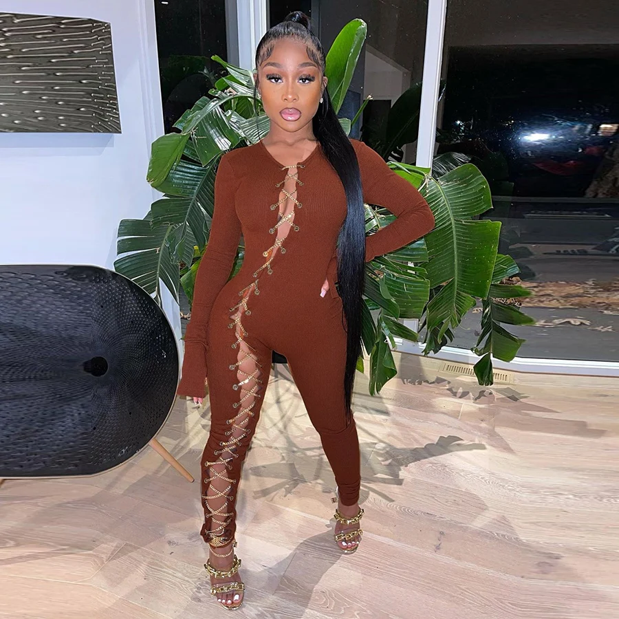 

2021 Sexy Stretchy Ribbed Hollow Out Long Sleeve Jumpsuit Women Jumpsuits Bodysuits