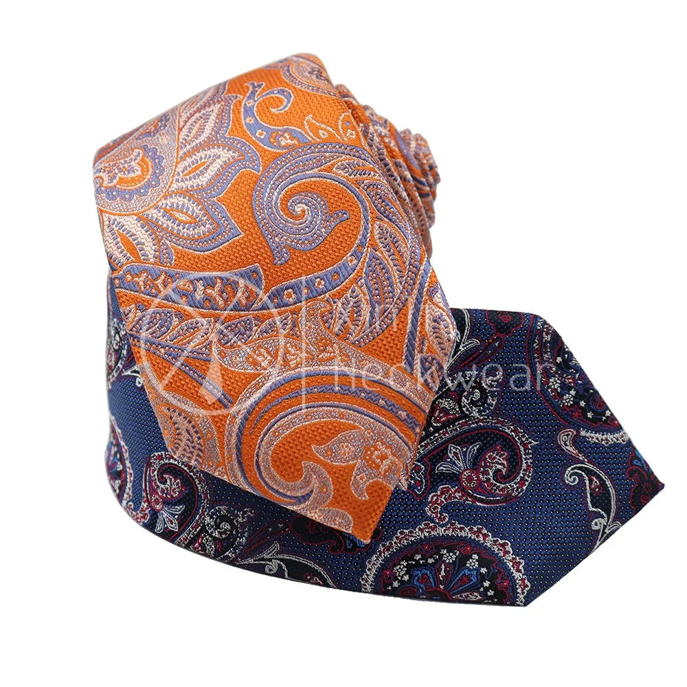 

Factory Delicate Paisley Floral Pattern 2022 Fashion Orange Navy 7 Fold Neckties Mens Jacquard Pure Silk Tie