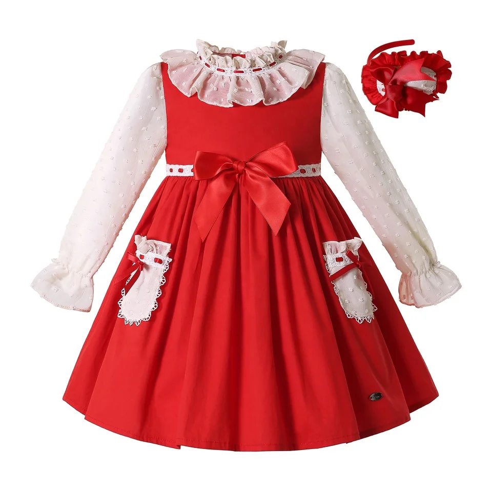 

Wholesale 2021 Autumn New Christmas Children Kids Clothes Red Cotton Dresses Girls Wedding Outfits Age 2345681012Y & Hairband